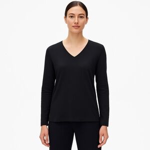 Eileen‎ Fisher Top Womens Extra Small Black Long-Sleeve V-neck Shirt Minimalist
